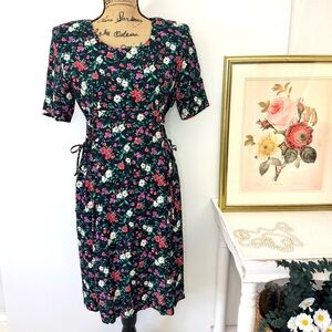 Vintage 80s/90s Midnight Floral Cottagcore Midi Dress by E.D. Michaels Petites